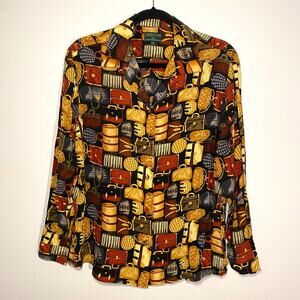 J. McLaughlin for Sanyo Vintage 100% Silk Purse Print Button Down Blouse size 10